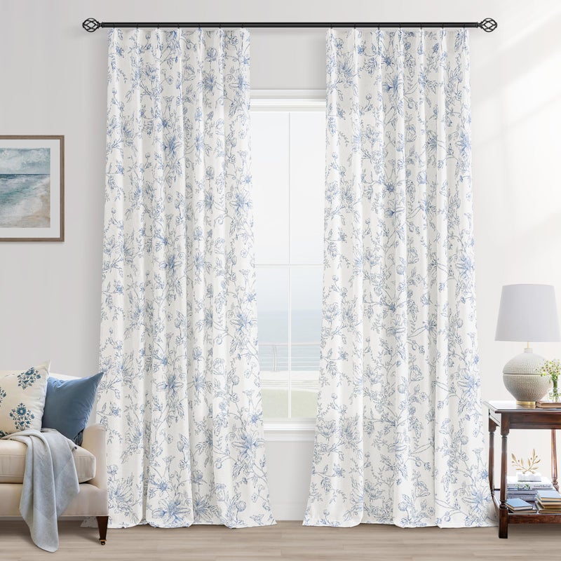 BILEEHOME Pinch Pleated Blue Floral Linen Curtains for Living Dining Room 96 Inch Length 2 Panels Blue Botanical Flower Pattern Printed Curtains Back Tab Semi Sheer Farmhouse French Country Drape for Bedroom - Image 1