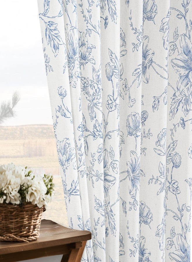 BILEEHOME Pinch Pleated Blue Floral Linen Curtains for Living Dining Room 96 Inch Length 2 Panels Blue Botanical Flower Pattern Printed Curtains Back Tab Semi Sheer Farmhouse French Country Drape for Bedroom - Image 2