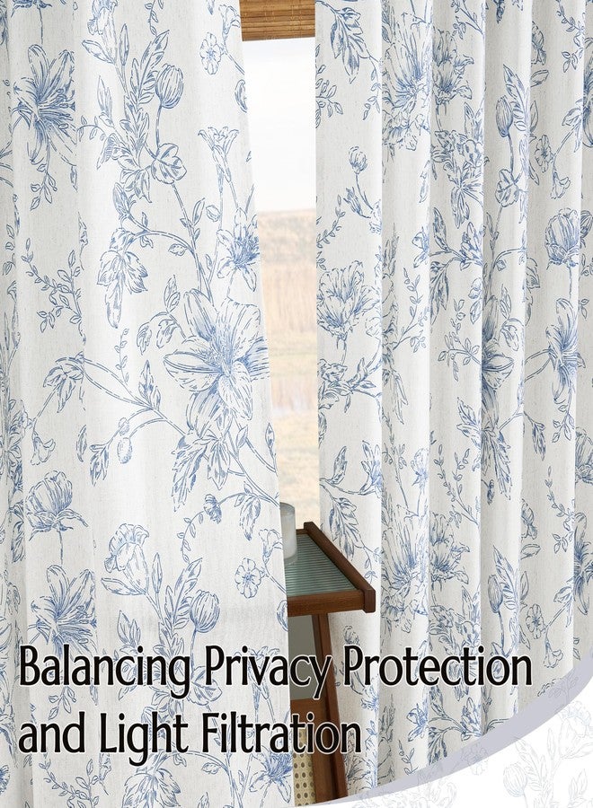 BILEEHOME Pinch Pleated Blue Floral Linen Curtains for Living Dining Room 96 Inch Length 2 Panels Blue Botanical Flower Pattern Printed Curtains Back Tab Semi Sheer Farmhouse French Country Drape for Bedroom - Image 5