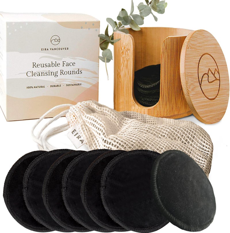 Eira Vancouver EIRAs Washable Makeup Remover Pads Black Bamboo Reusable Cotton Rounds with Wooden Holder Makeup Remover Cloths EcoFriendly Zero Waste Reusable Makeup Remover Pads Set 