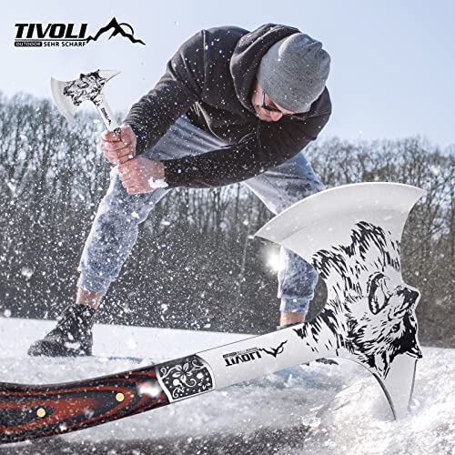 TIVOLI 13" Camping Axe, Wolf - Patterned Survival Hatchet with Nylon Sheath, High Carbon Steel Blade Compact Outdoor Bushcraft Axe with Ergonomic Wood Grip, Camping Gear for Hiking, Chopping, Hunting - Image 5