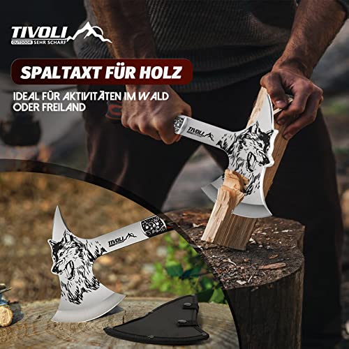 TIVOLI 13" Camping Axe, Wolf - Patterned Survival Hatchet with Nylon Sheath, High Carbon Steel Blade Compact Outdoor Bushcraft Axe with Ergonomic Wood Grip, Camping Gear for Hiking, Chopping, Hunting - Image 3