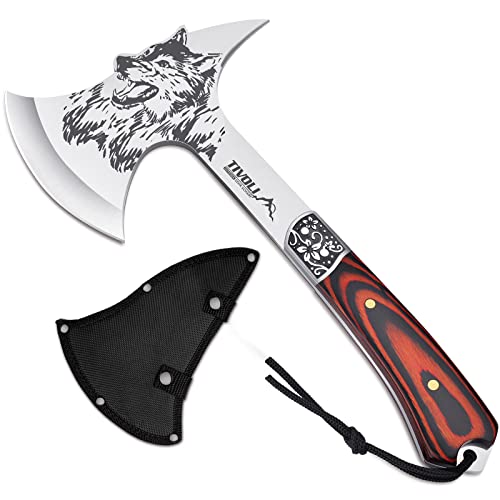 TIVOLI 13" Camping Axe, Wolf - Patterned Survival Hatchet with Nylon Sheath, High Carbon Steel Blade Compact Outdoor Bushcraft Axe with Ergonomic Wood Grip, Camping Gear for Hiking, Chopping, Hunting - Image 1