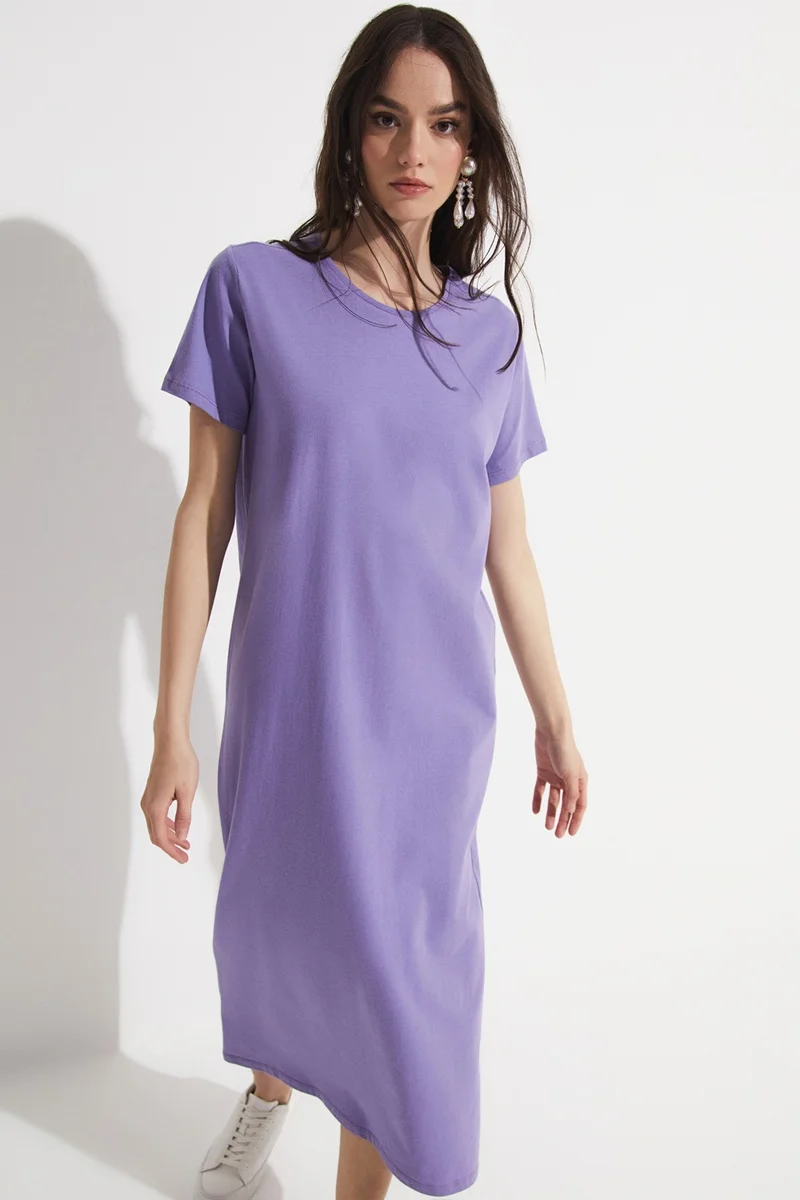 JUNE Women's Straight Cut Crew Neck Short Sleeve Long Knitted Dress