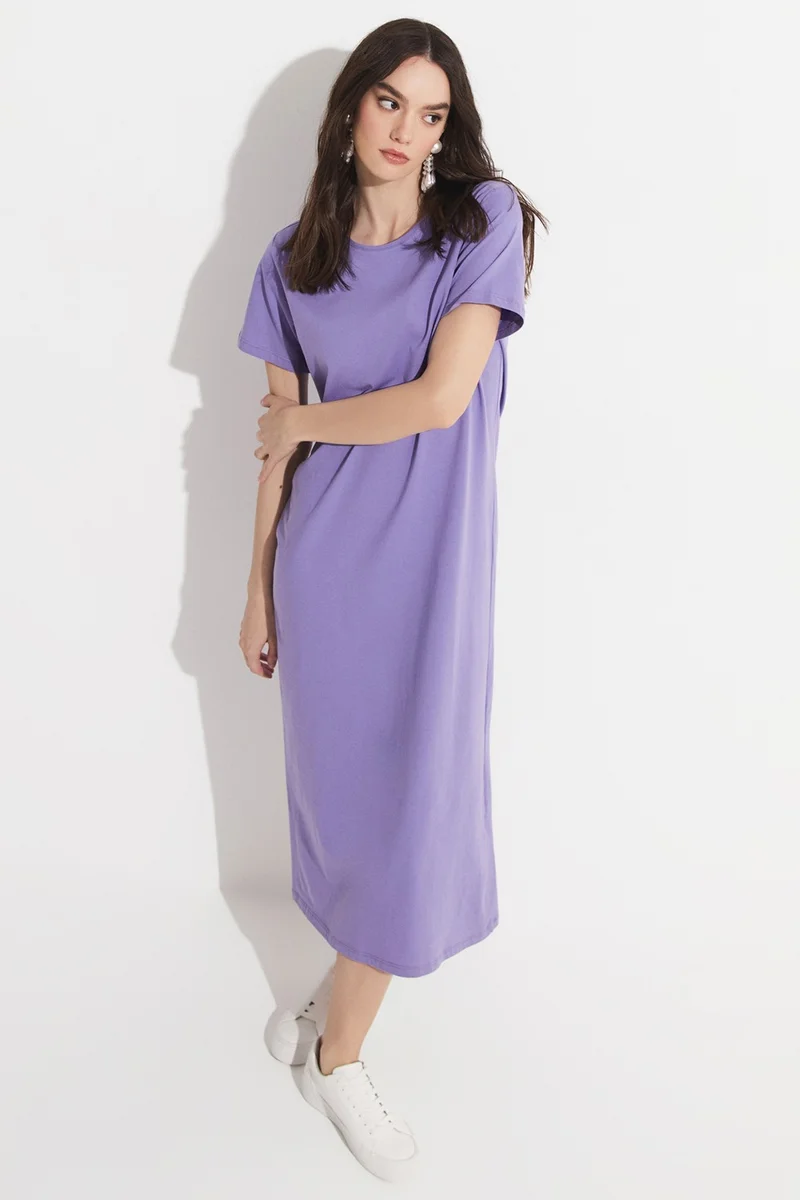 JUNE Women's Straight Cut Crew Neck Short Sleeve Long Knitted Dress