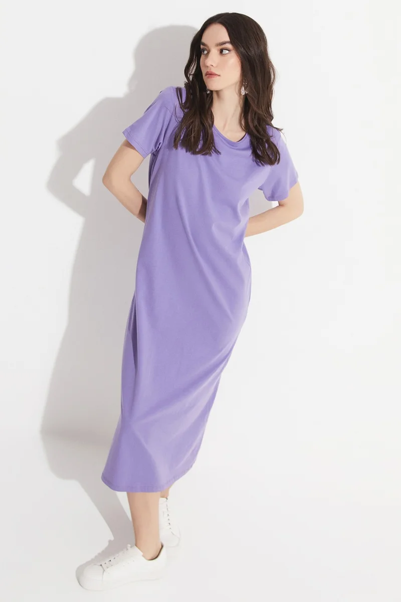 JUNE Women's Straight Cut Crew Neck Short Sleeve Long Knitted Dress