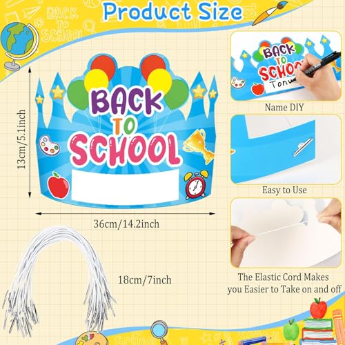 DTOFOOT First Day of School Paper Crowns Decor, 24 Pcs Back to School Party Hat for Kids Students Kindergarten Preschool Name DIY Adjustable Classroom Crowns Teacher Gifts First Day of School Decor - Image 2