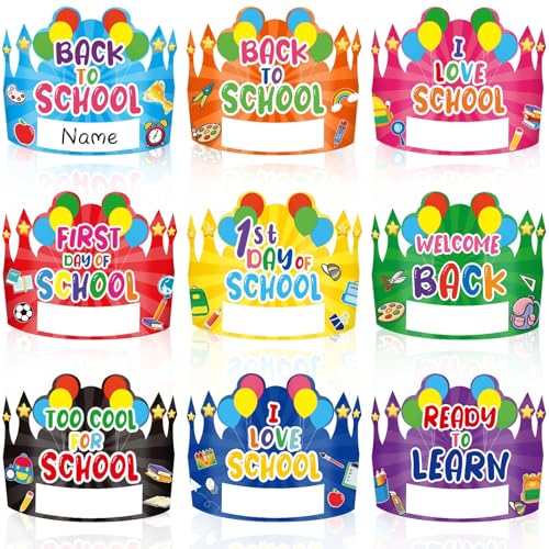 DTOFOOT First Day of School Paper Crowns Decor, 24 Pcs Back to School Party Hat for Kids Students Kindergarten Preschool Name DIY Adjustable Classroom Crowns Teacher Gifts First Day of School Decor - Image 1