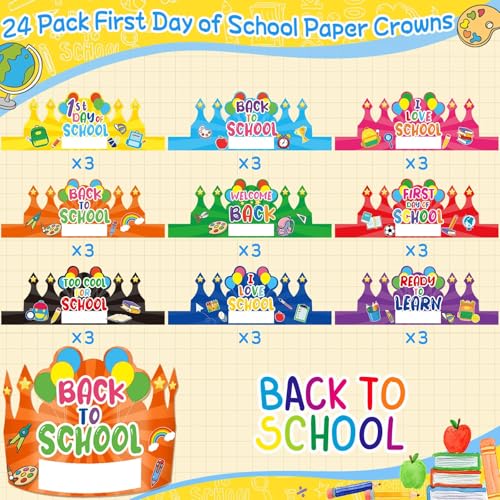 DTOFOOT First Day of School Paper Crowns Decor, 24 Pcs Back to School Party Hat for Kids Students Kindergarten Preschool Name DIY Adjustable Classroom Crowns Teacher Gifts First Day of School Decor - Image 3