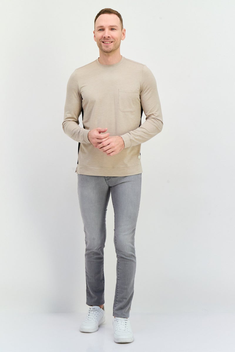Beause Men Crew Neck Long Sleeves Brand Logo T-Shirt, Roebuck - Image 2