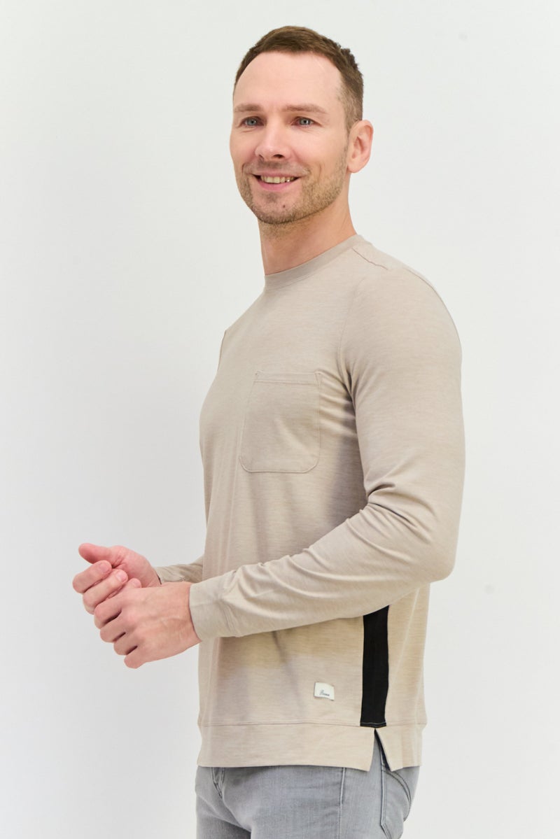 Beause Men Crew Neck Long Sleeves Brand Logo T-Shirt, Roebuck - Image 3