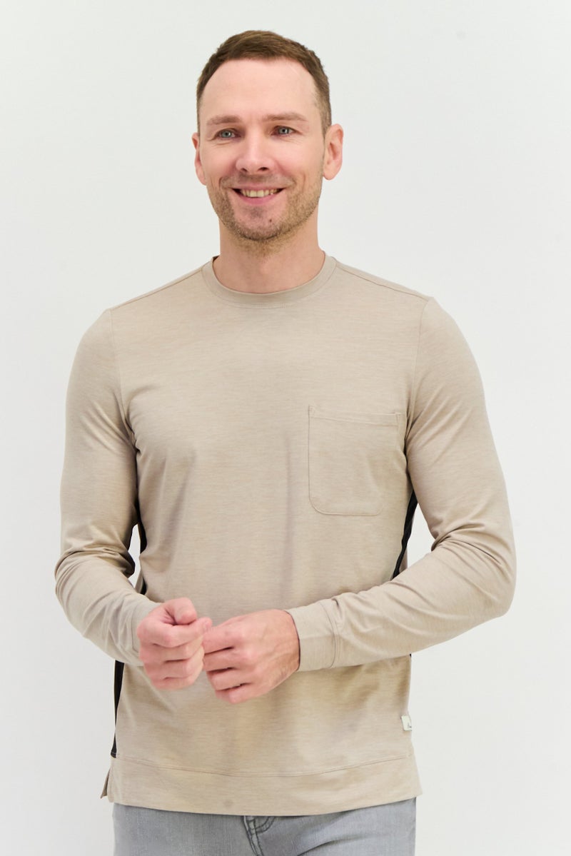 Beause Men Crew Neck Long Sleeves Brand Logo T-Shirt, Roebuck - Image 1