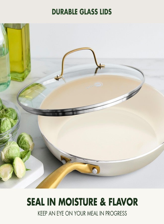 جرين بان مقلاة جرين بان سويفت سيراميك غير لاصقة مقاس 12 بوصة مع غطاء، خالية من مركبات PFAS وPFOA، للطهي الصحي، بمقبض ذهبي من الفولاذ المقاوم للصدأ، أدوات طهي متعددة الاستخدامات، آمنة للاستخدام في غسالة الصحون والفرن، لون كريمي - Image 2