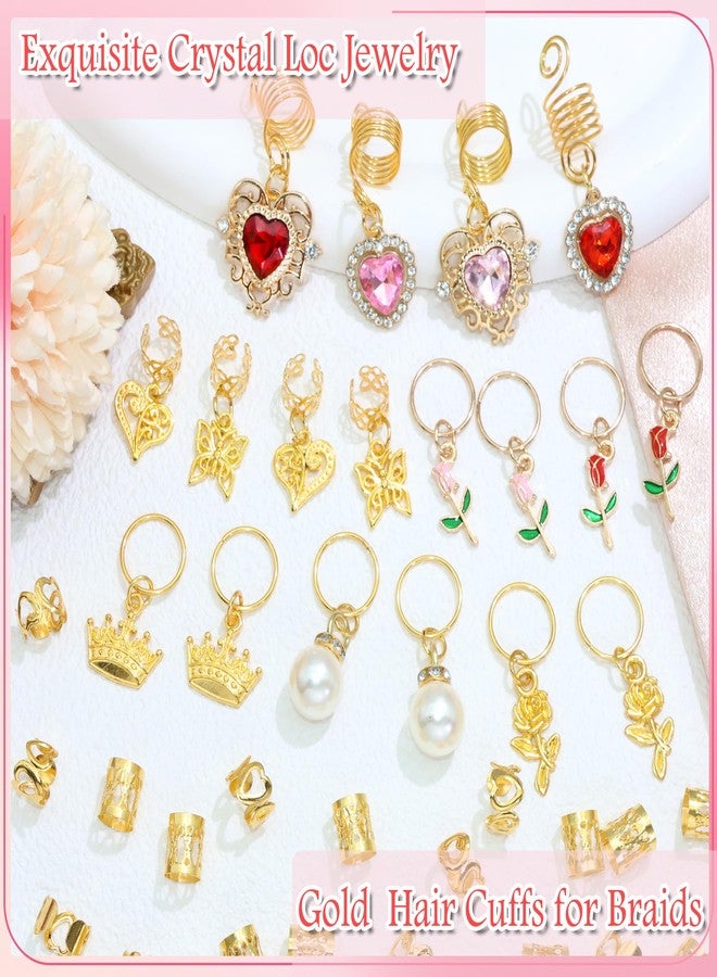 VENOFEN 38PCS Pink Red Hair Jewelry Valentine's Day Crystal Heart Loc Jewelry Butterfly Braid Clips Pearl Hair Charms Metal Gold Cuffs Rings Hair Accessories for Women and Girls - Image 2