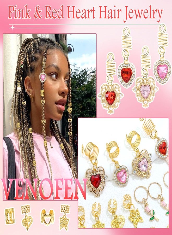 VENOFEN 38PCS Pink Red Hair Jewelry Valentine's Day Crystal Heart Loc Jewelry Butterfly Braid Clips Pearl Hair Charms Metal Gold Cuffs Rings Hair Accessories for Women and Girls - Image 3