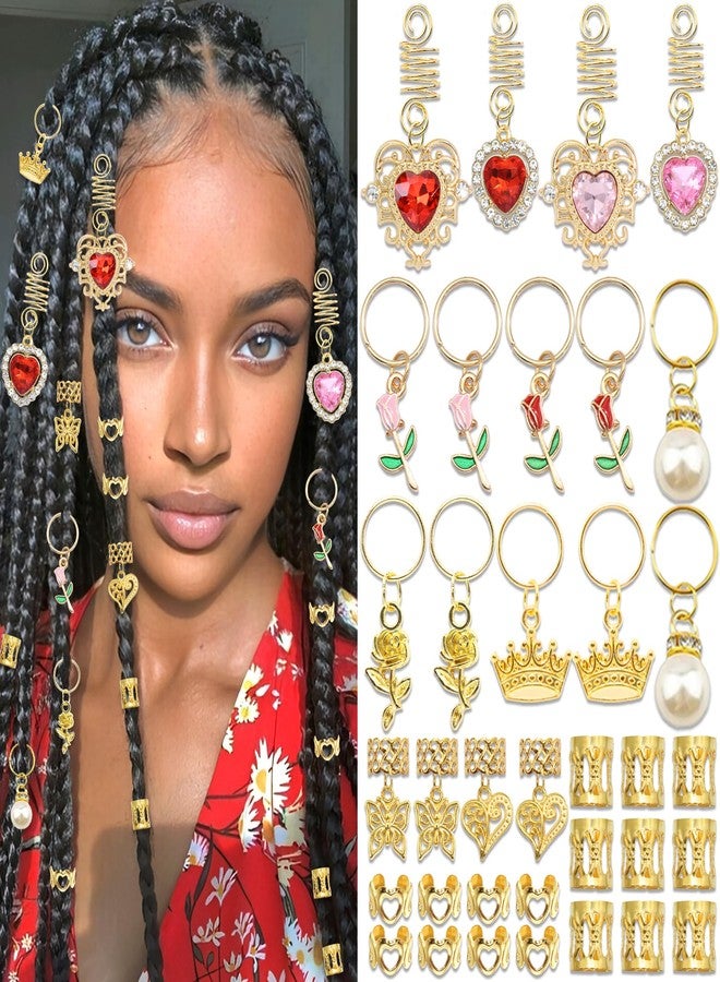 VENOFEN 38PCS Pink Red Hair Jewelry Valentine's Day Crystal Heart Loc Jewelry Butterfly Braid Clips Pearl Hair Charms Metal Gold Cuffs Rings Hair Accessories for Women and Girls - Image 1