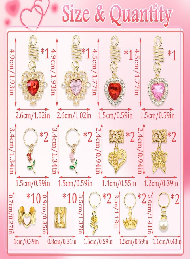 VENOFEN 38PCS Pink Red Hair Jewelry Valentine's Day Crystal Heart Loc Jewelry Butterfly Braid Clips Pearl Hair Charms Metal Gold Cuffs Rings Hair Accessories for Women and Girls - Image 4