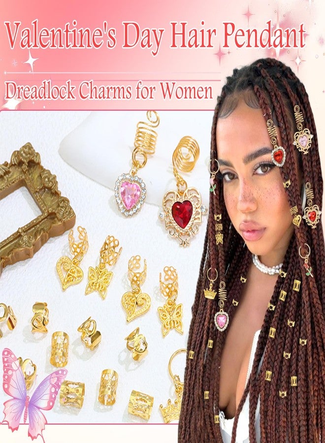 VENOFEN 38PCS Pink Red Hair Jewelry Valentine's Day Crystal Heart Loc Jewelry Butterfly Braid Clips Pearl Hair Charms Metal Gold Cuffs Rings Hair Accessories for Women and Girls - Image 5