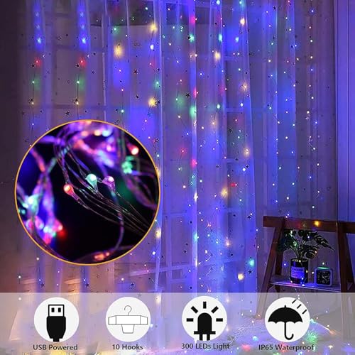 MIRADH 300 LED Fairy Curtain String Lights 9.8Ft x 9.8Ft – USB Powered Remote-Controlled Backdrop, Warm Ambience for Diwali, Navratri, Christmas & New Year Décor,(Multi) - Image 2