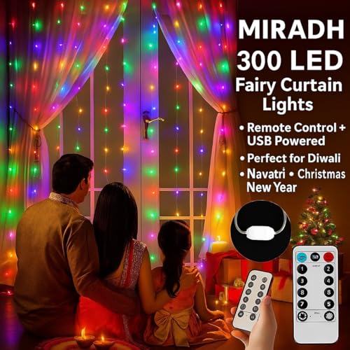 MIRADH 300 LED Fairy Curtain String Lights 9.8Ft x 9.8Ft – USB Powered Remote-Controlled Backdrop, Warm Ambience for Diwali, Navratri, Christmas & New Year Décor,(Multi) - Image 3