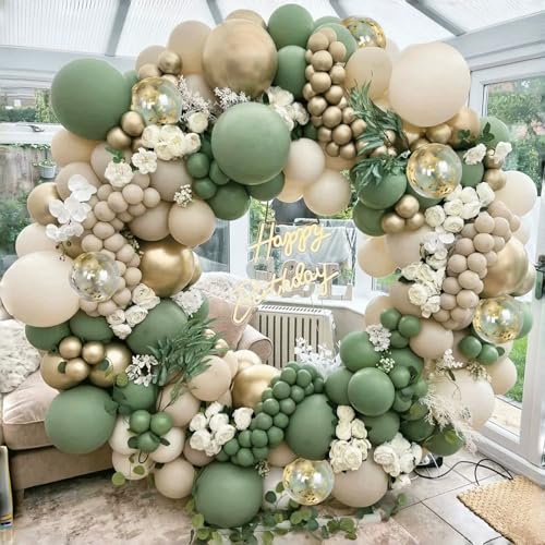 Zesliwy Sage Green White Sand Balloon Arch Kit Green Beige Gold Metallic Balloons Garland Kit with Gold Confetti Balloons for Birthday Wedding Bridal Shower Bachelorette Party Decorations - Image 1