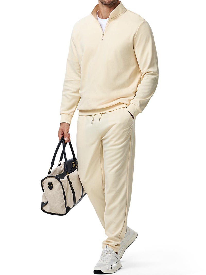 JMIERR Men 2 Piece Outfit Pullover Quarter Zip Twill Mock Neck Sport Loungewear Sweatshirt Jogger Pants Set Tracksuit, S, Beige - Image 1