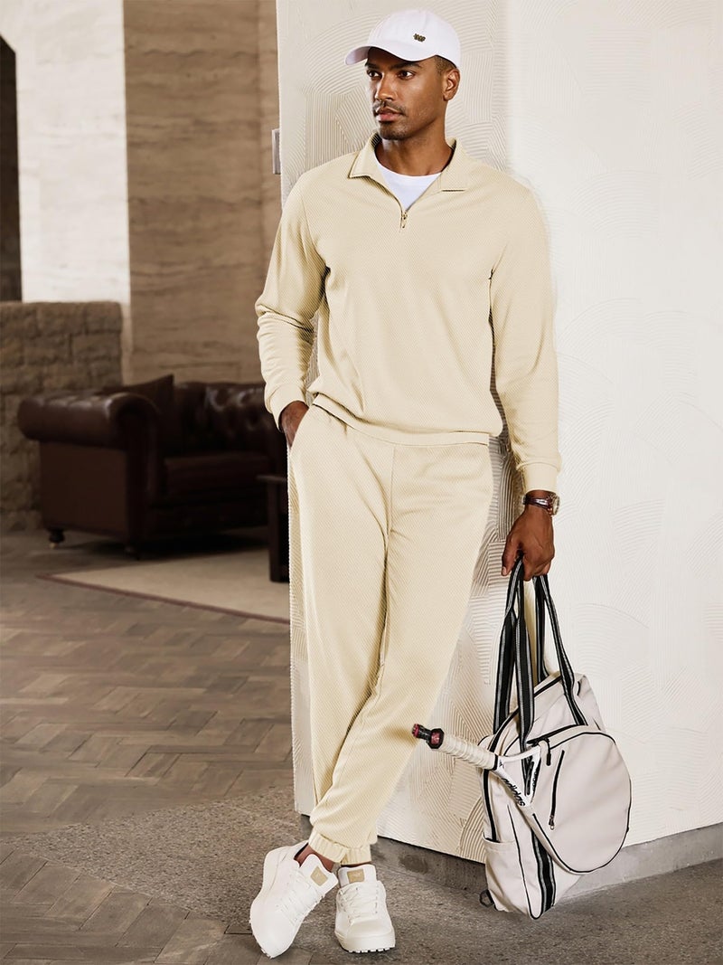 JMIERR Men 2 Piece Outfit Pullover Quarter Zip Twill Mock Neck Sport Loungewear Sweatshirt Jogger Pants Set Tracksuit, S, Beige - Image 2