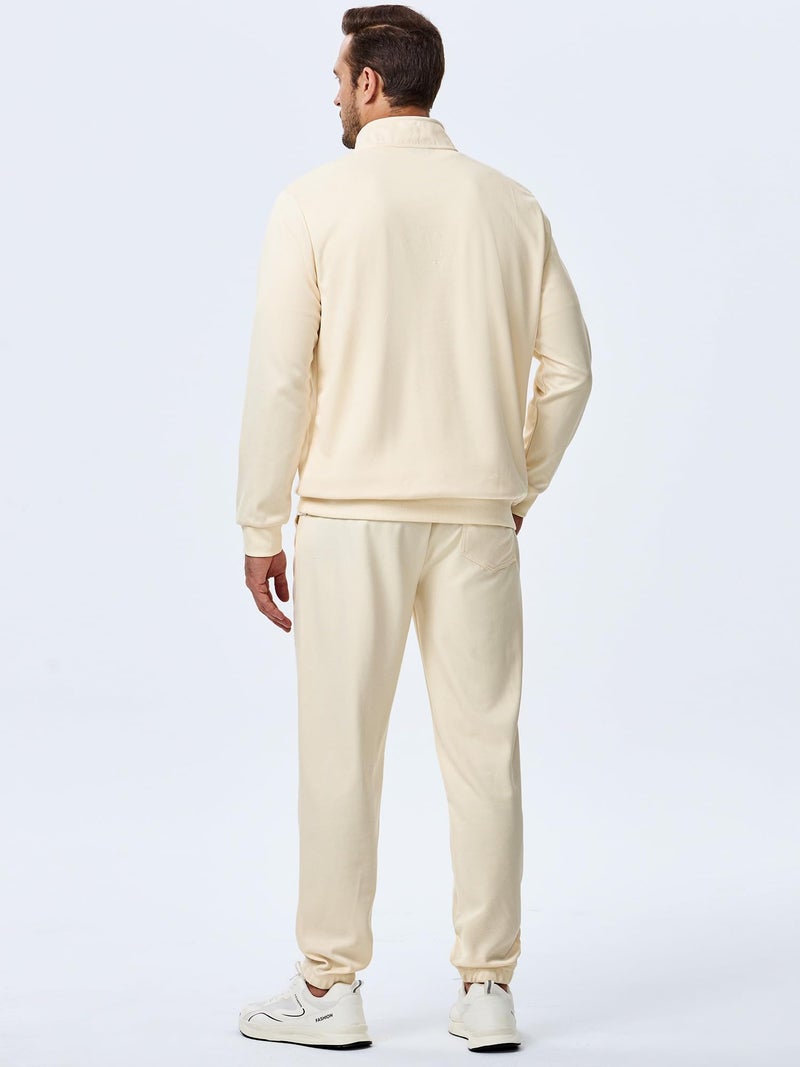 JMIERR Men 2 Piece Outfit Pullover Quarter Zip Twill Mock Neck Sport Loungewear Sweatshirt Jogger Pants Set Tracksuit, S, Beige - Image 4