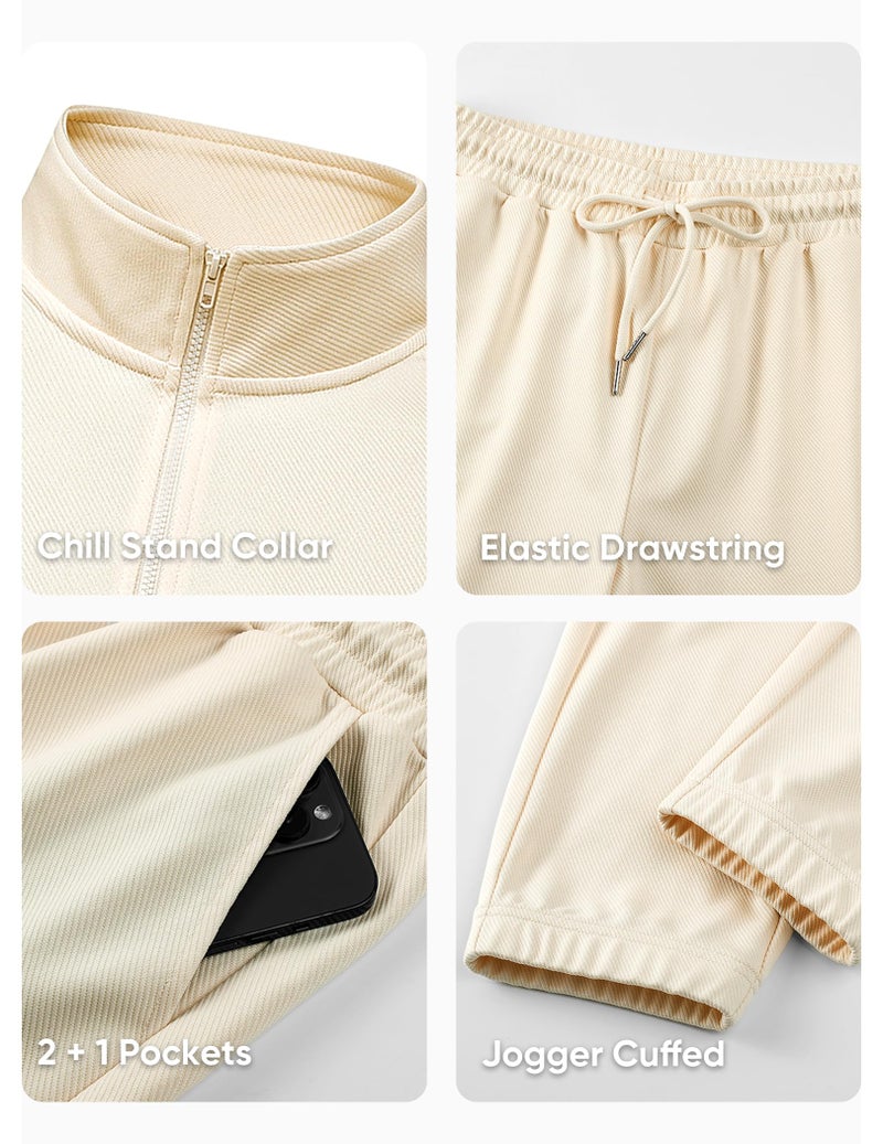 JMIERR Men 2 Piece Outfit Pullover Quarter Zip Twill Mock Neck Sport Loungewear Sweatshirt Jogger Pants Set Tracksuit, S, Beige - Image 5