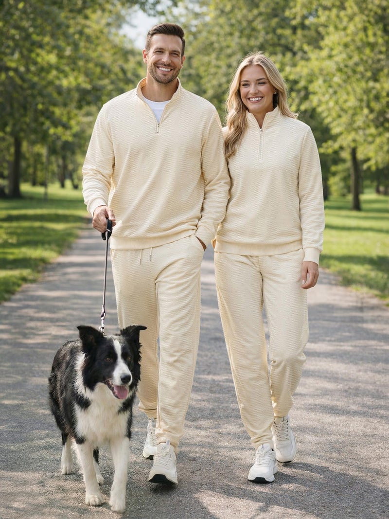 JMIERR Men 2 Piece Outfit Pullover Quarter Zip Twill Mock Neck Sport Loungewear Sweatshirt Jogger Pants Set Tracksuit, S, Beige - Image 3