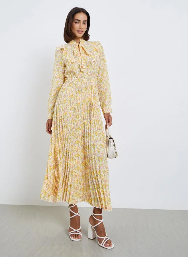 ستايلي Floral Print Tie Neck Pleated Hem Midi Dress
