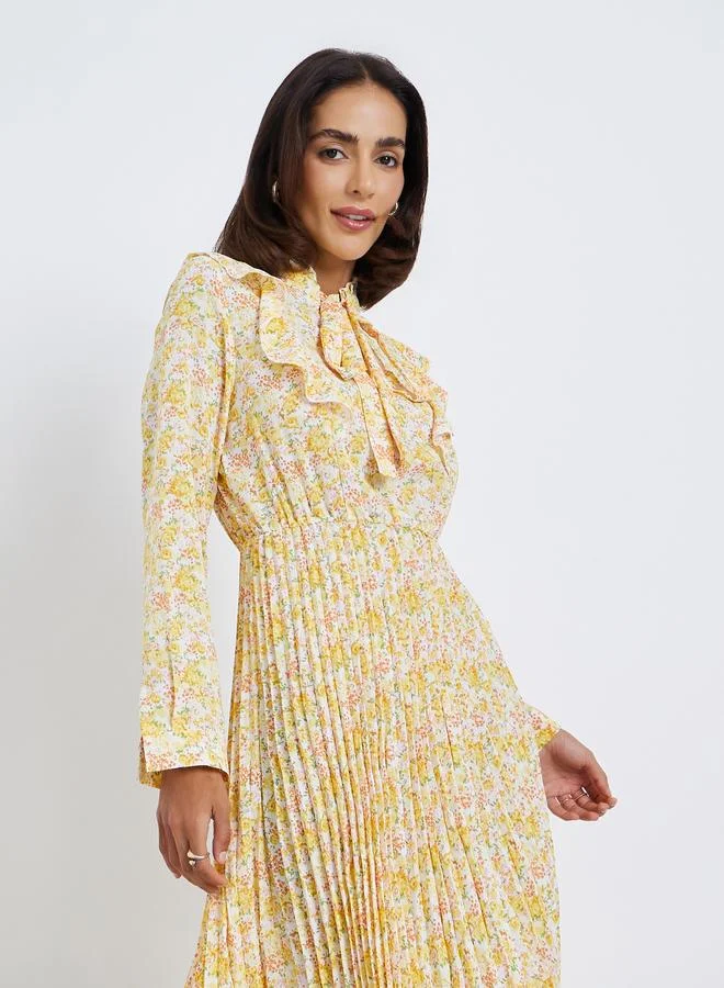 ستايلي Floral Print Tie Neck Pleated Hem Midi Dress