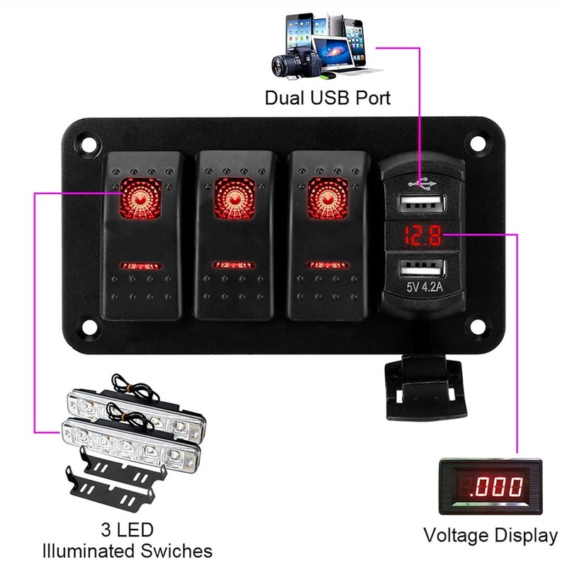 Wivplex 12V-24V 3 Gang Switch Panel with Dual USB Charger - Image 3