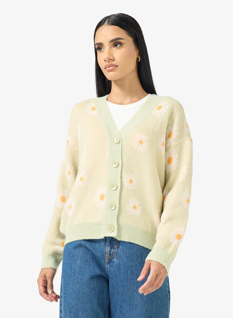 Ginger Flower Detail Button Through Cardigan