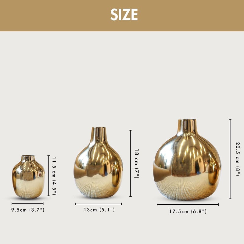 Behoma Glossy Golden Metal Flower Vase for Home Decor Decoration Item for Living Room Office Table Decorative Flower Pot for Gifting Pack of 3 Gold Flowers not Included - Image 3