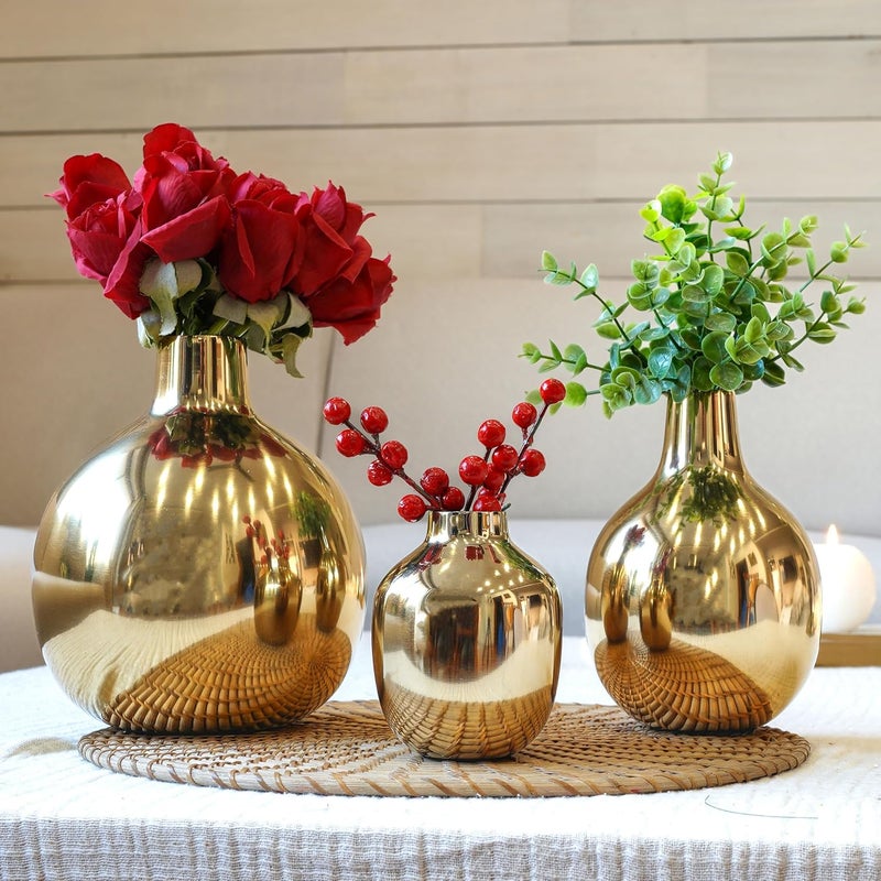 Behoma Glossy Golden Metal Flower Vase for Home Decor Decoration Item for Living Room Office Table Decorative Flower Pot for Gifting Pack of 3 Gold Flowers not Included - Image 1