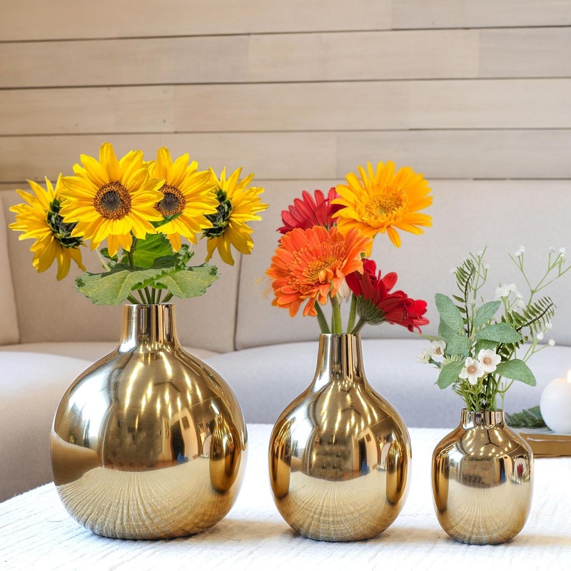 Behoma Glossy Golden Metal Flower Vase for Home Decor Decoration Item for Living Room Office Table Decorative Flower Pot for Gifting Pack of 3 Gold Flowers not Included - Image 2