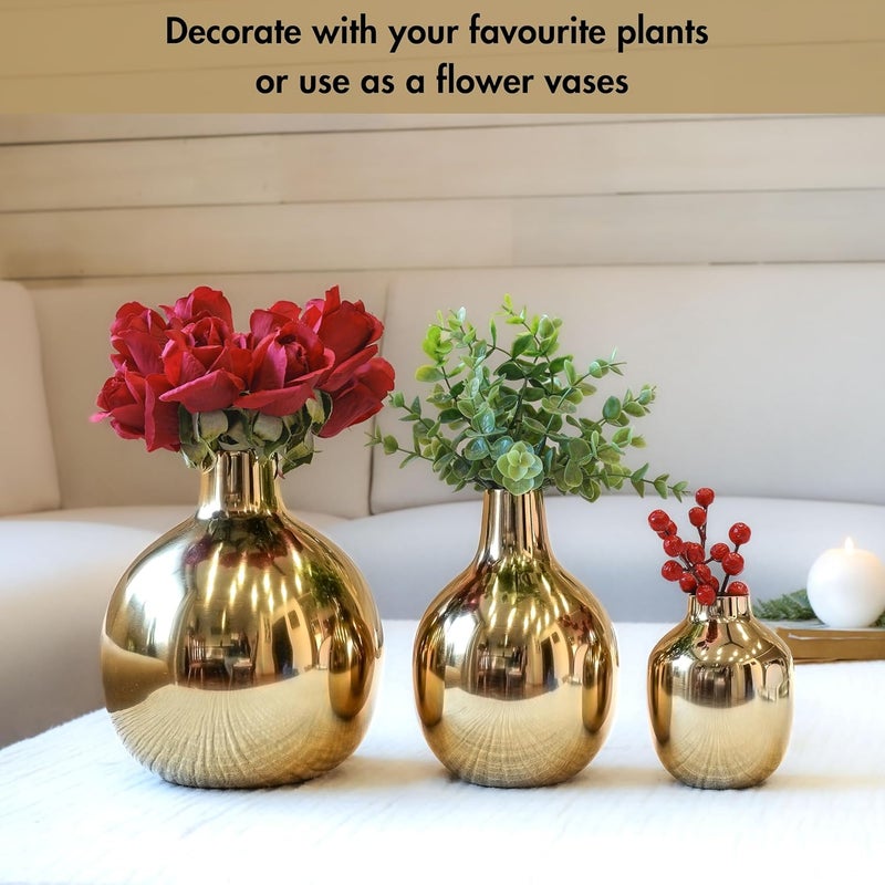 Behoma Glossy Golden Metal Flower Vase for Home Decor Decoration Item for Living Room Office Table Decorative Flower Pot for Gifting Pack of 3 Gold Flowers not Included - Image 4