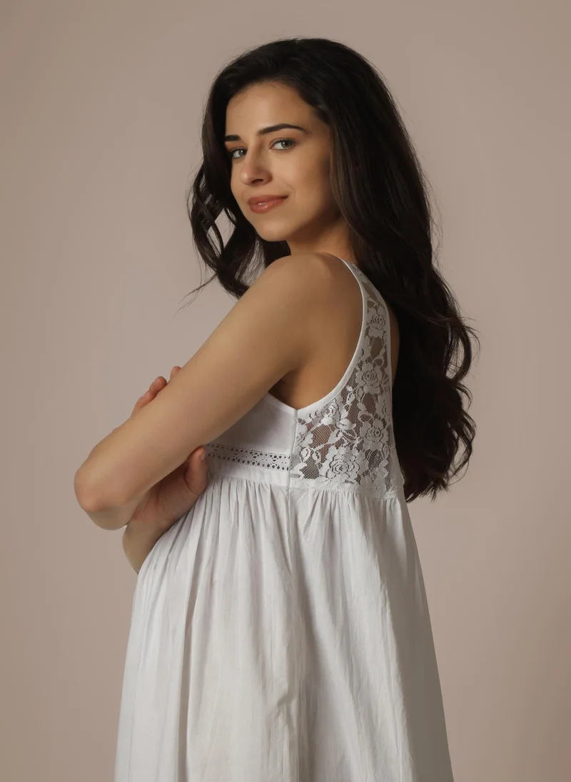After Dark Maria, Embroidered Cotton Dress with Lace Back