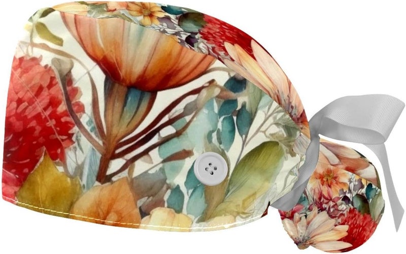 2 Packs Floral Pattern with Flowers Scrub Cap Adjustable Hat Tie Back Hats Sweatband for Women - Image 1