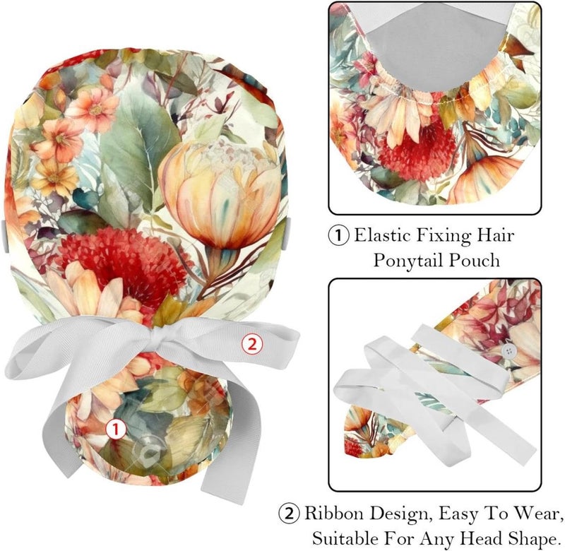 2 Packs Floral Pattern with Flowers Scrub Cap Adjustable Hat Tie Back Hats Sweatband for Women - Image 4