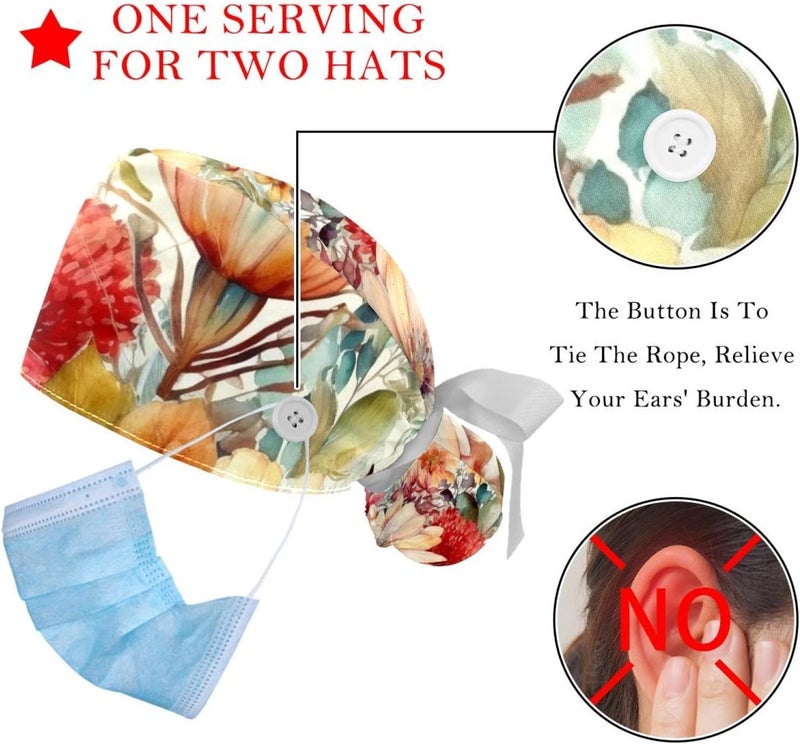 2 Packs Floral Pattern with Flowers Scrub Cap Adjustable Hat Tie Back Hats Sweatband for Women - Image 3