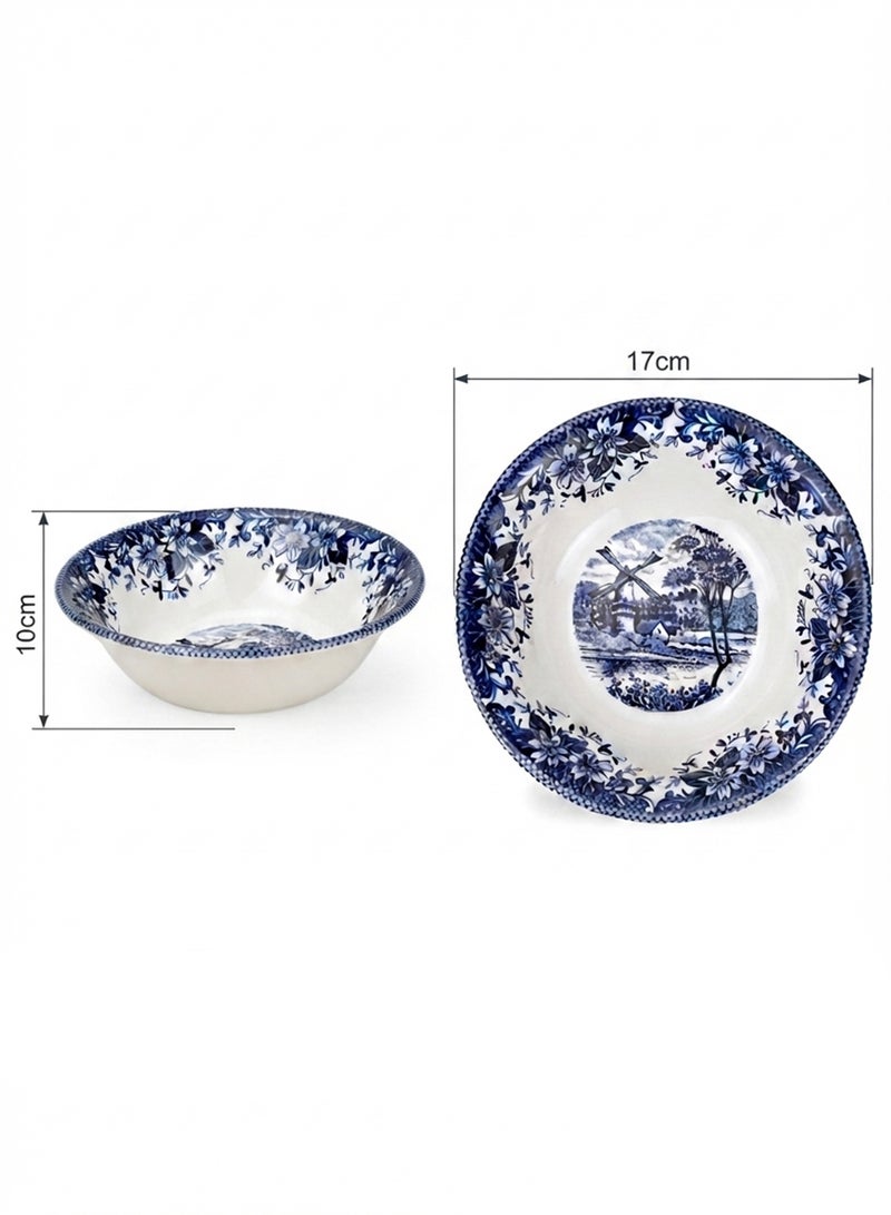Claytan Earthenware Classic Blue Windmill & Floral Pattern Cereal Bowl, 6.2 Inch, White | Premium Serving Bowl for Cereal, Soup, Oatmeal, Salad & Snacks | Vintage Tableware for Home, Office & Gifting - Image 5