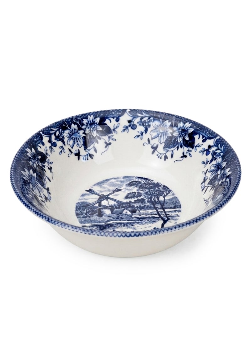 Claytan Earthenware Classic Blue Windmill & Floral Pattern Cereal Bowl, 6.2 Inch, White | Premium Serving Bowl for Cereal, Soup, Oatmeal, Salad & Snacks | Vintage Tableware for Home, Office & Gifting - Image 1