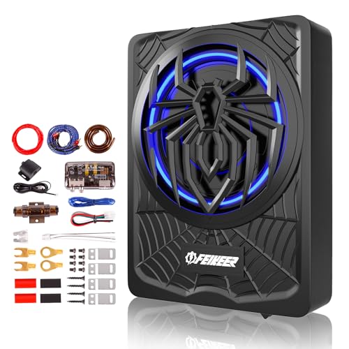Feikeer NEW 10" 1200W Subwoofer,BLUE Slim Underseat Car Subwoofer and Amp Package.Under Seat Subwoofers with Amp,Individual Control for Low Pass/Gain/Boost Bass.Deep Bass Perfect for Truck/SUV/Jeep/MPV - Image 1
