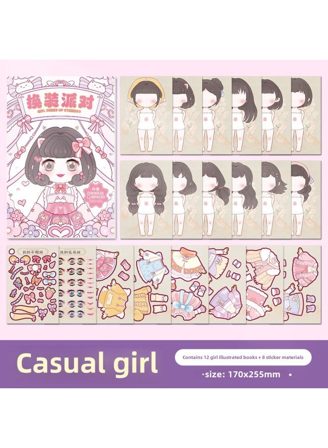 Princess Dress Up Sticker Book Girls Children's Educational Toys 3 To 6 Years Old Beautiful Girl Figure Makeup Book Sticker-Color: 1 Casual Girl (12 Girl Illustrations + 8 Sticker Materials) - Image 1