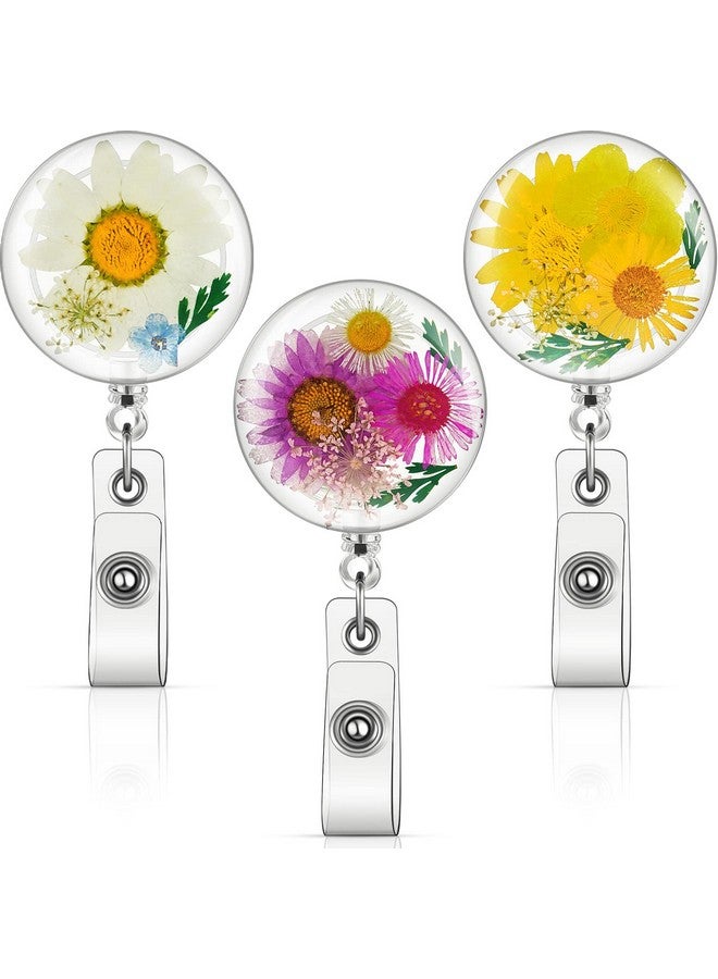 Epakh 3 Pcs Flower Id Badge Reel Retractable Holders Cna Week Gifts Nurse Gift Dried Flower Resin Round Nurse Badge Reels Retractable Clip Floral Badge Reel Clip For Nurse Doctor Worker(Classic Style) - Image 1