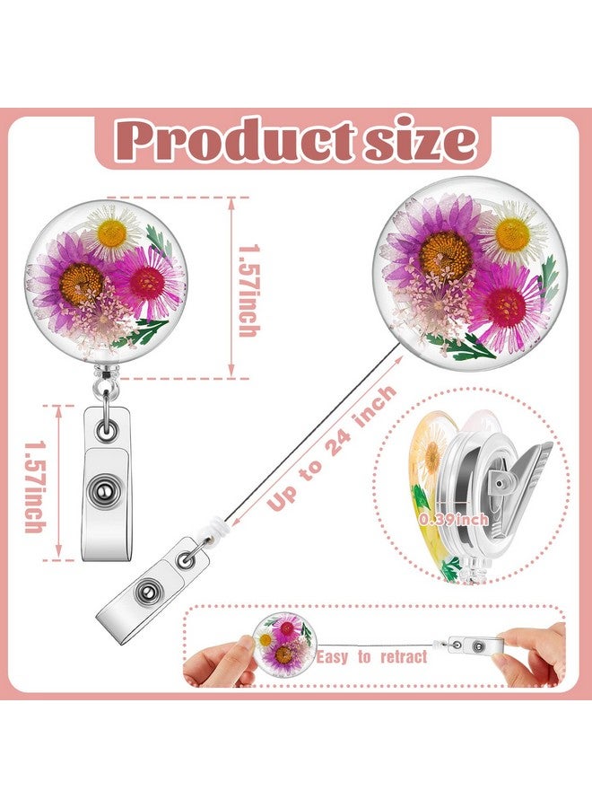 Epakh 3 Pcs Flower Id Badge Reel Retractable Holders Cna Week Gifts Nurse Gift Dried Flower Resin Round Nurse Badge Reels Retractable Clip Floral Badge Reel Clip For Nurse Doctor Worker(Classic Style) - Image 2