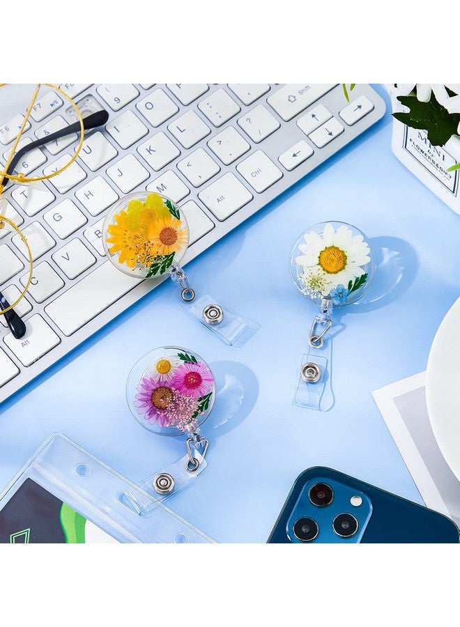 Epakh 3 Pcs Flower Id Badge Reel Retractable Holders Cna Week Gifts Nurse Gift Dried Flower Resin Round Nurse Badge Reels Retractable Clip Floral Badge Reel Clip For Nurse Doctor Worker(Classic Style) - Image 4