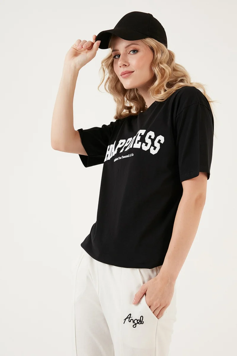 Lela Printed Cotton Oversize Crew Neck T Shirt Women's T Shirt 541HAPPINESS